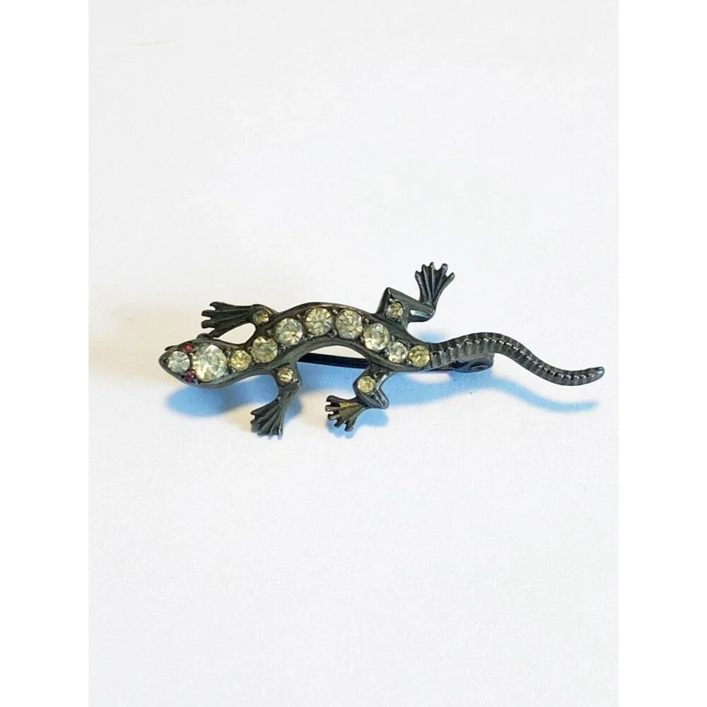 Vintage Sterling Silver Lizard Brooch with Clear Crystal Accents and Red Eyes
